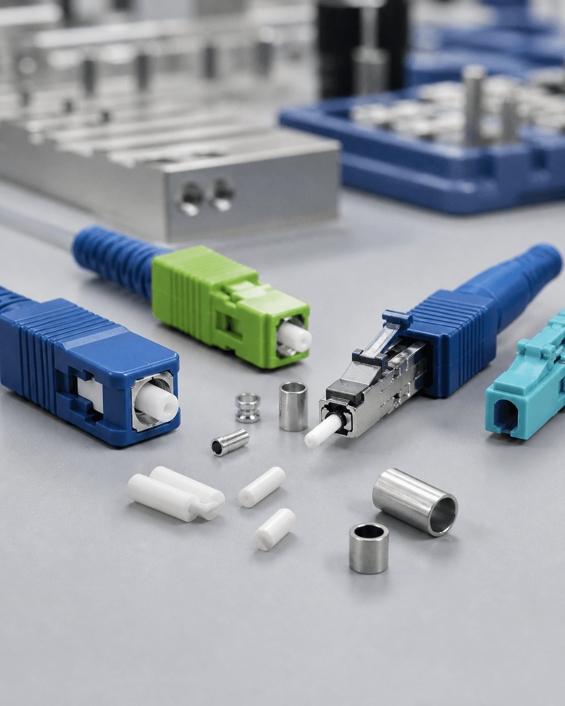 Fiber optic connector components, ceramic ferrules, and metal alignment sleeves