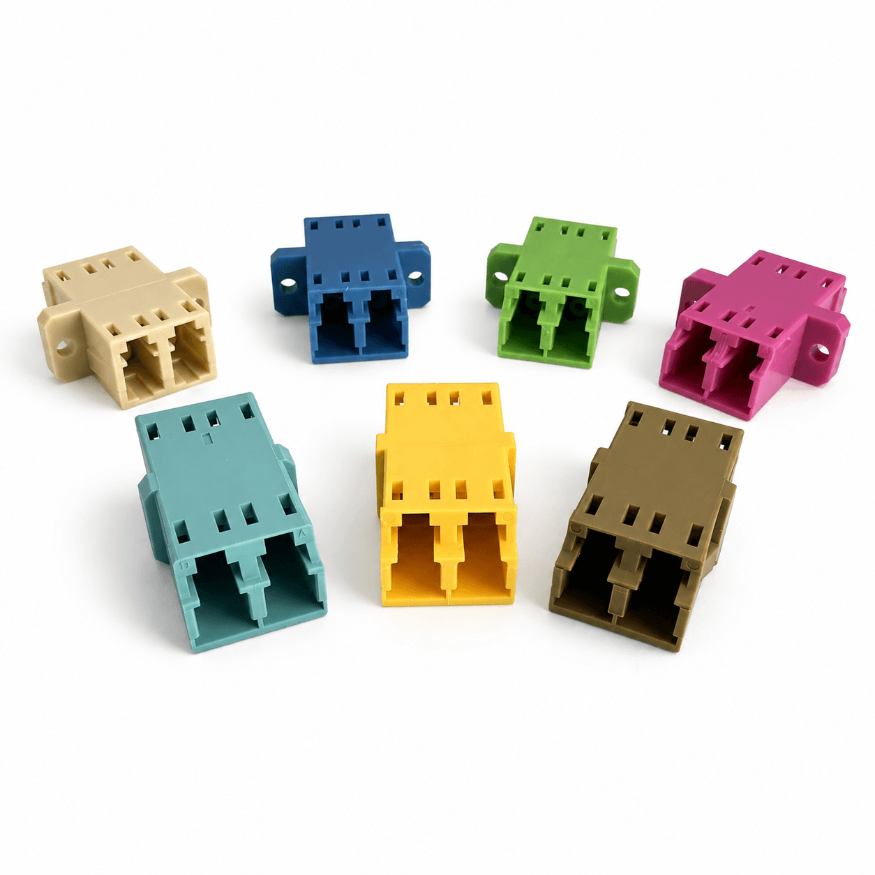 Fiber optic adapters in multiple housing colors and mounting styles
