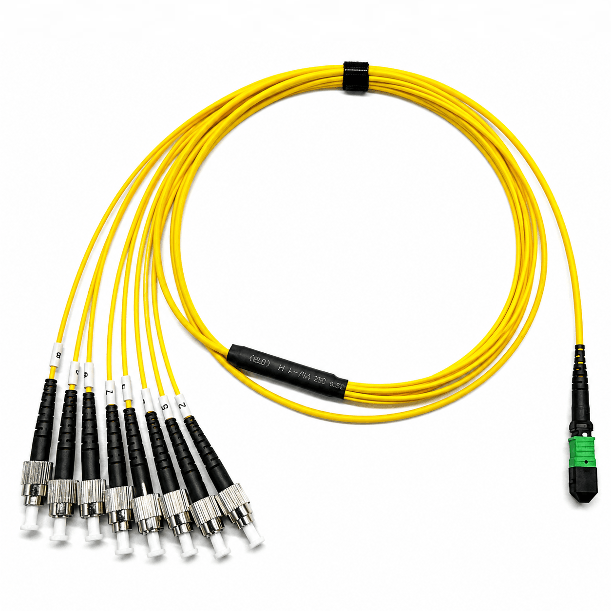 Yellow MTP or MPO breakout assembly with one multifiber connector and eight numbered FC branch connectors