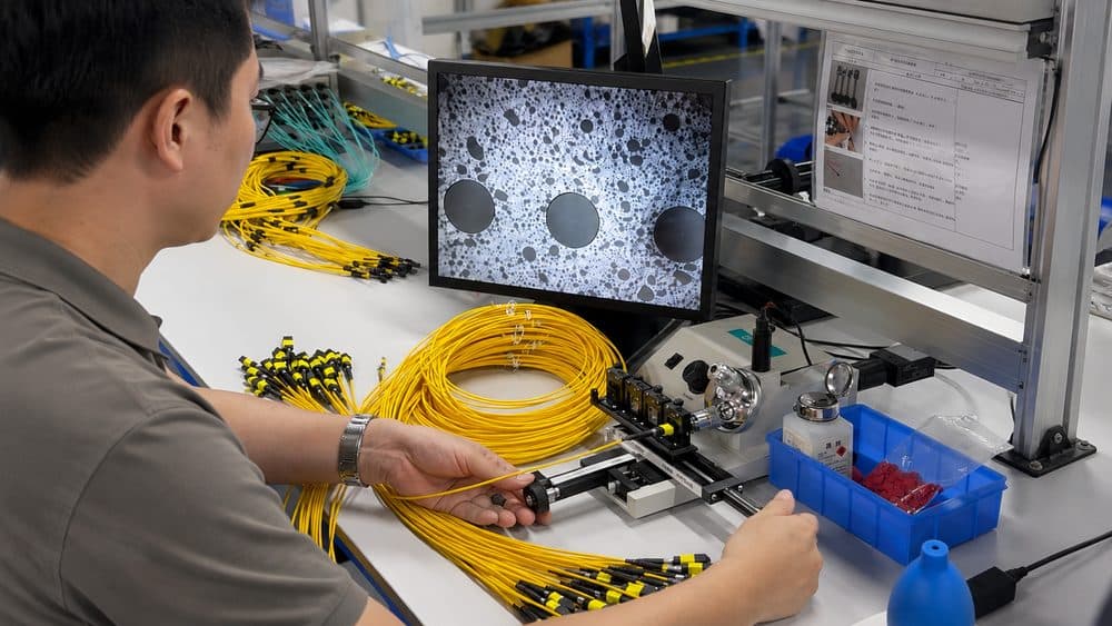 Operator inspecting fiber cable end-face on monitor
