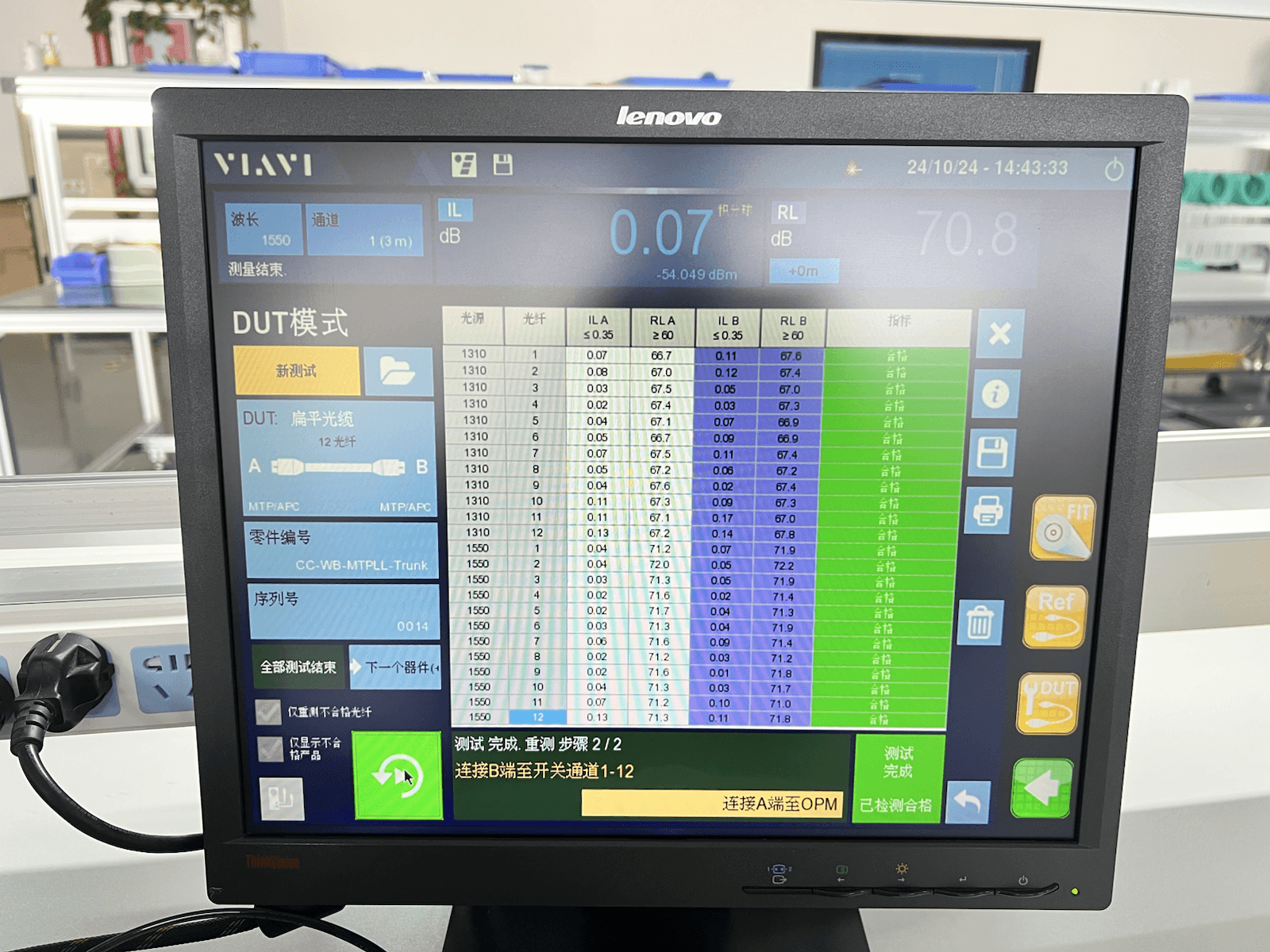 VIAVI optical test screen with measured fiber channel results