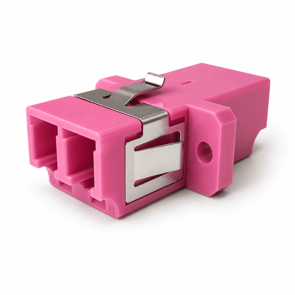 LC duplex fiber optic adapter with metal mounting clip