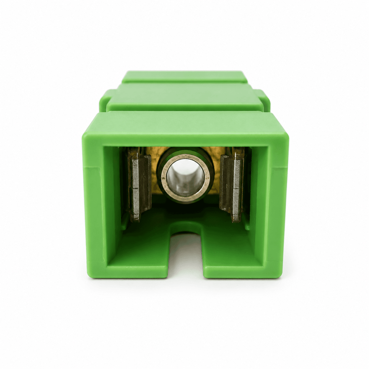 Front view into an SC fiber optic adapter