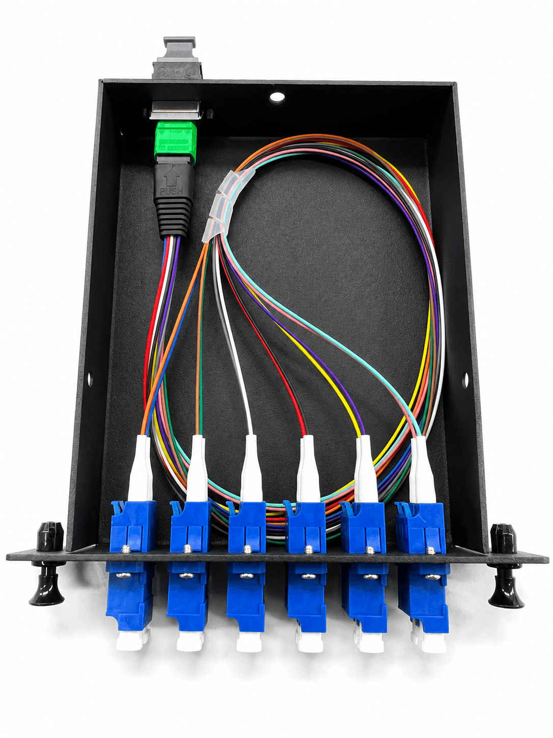 Open MTP or MPO plug-and-play module showing internal fiber routing